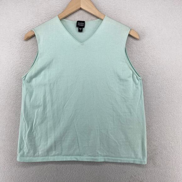 EILEEN FISHER Sweater L Tank Vest V-Neck Boxy Pullover 100% Cotton Aqua Blue - Picture 1 of 14